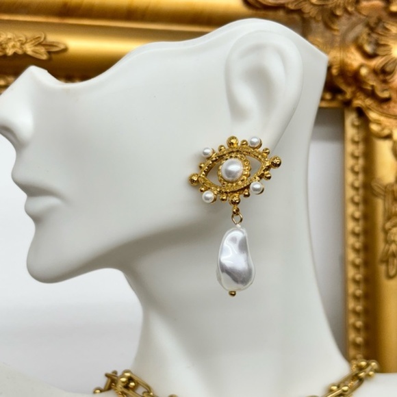 Mother of Pearl Gold Eye Drop Earrings - Picture 2 of 3